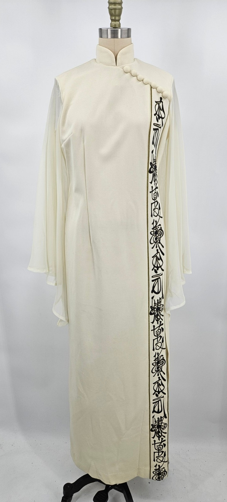 VTG Alfred Shaheen Maxi Dress Womens 10 Asian Inspired Sheer Bell Sleeves Slit