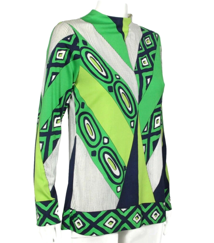 SPORTEMPO Psychedelic Green Blue Mod Geometric Zip Back Top sz M /863