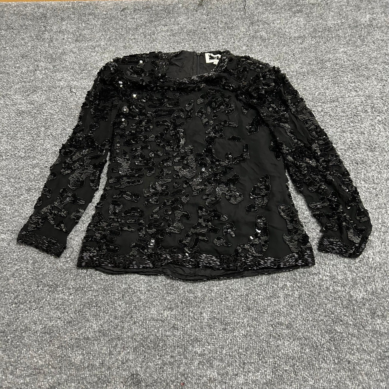 Vintage Blouse Womens Size S Black Silk Sequin Beaded Long Sleeve Evening Top