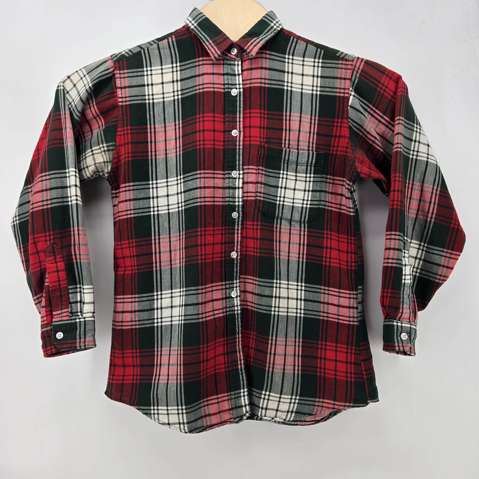 VTG LL Bean Flannel Shirt Women’s 12 Made In USA 90s Plaid Green Red H930 Cotton