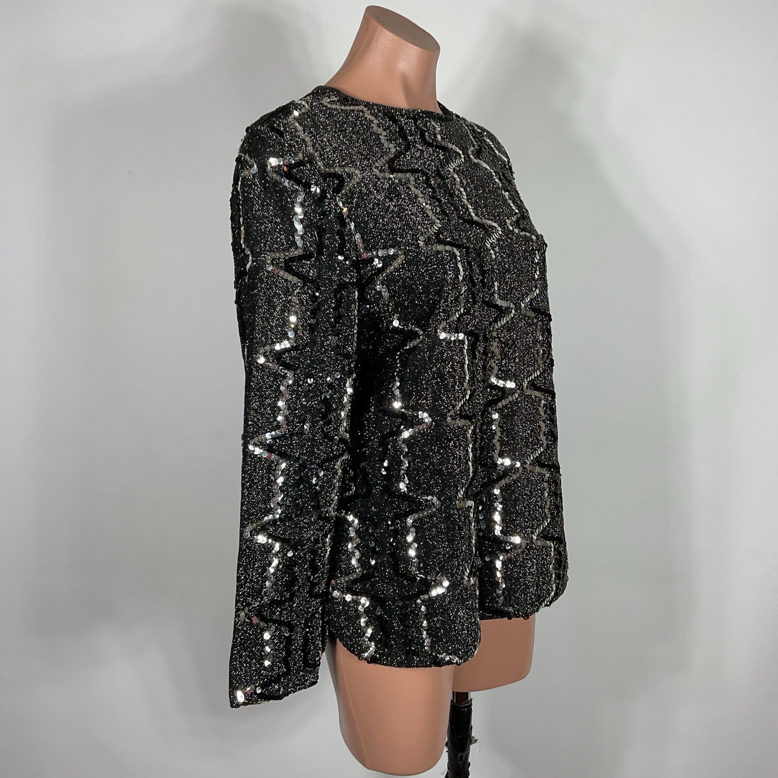 VTG 70s Elinor Gay original black silver sequin blouse top mid century sz 14 MOD