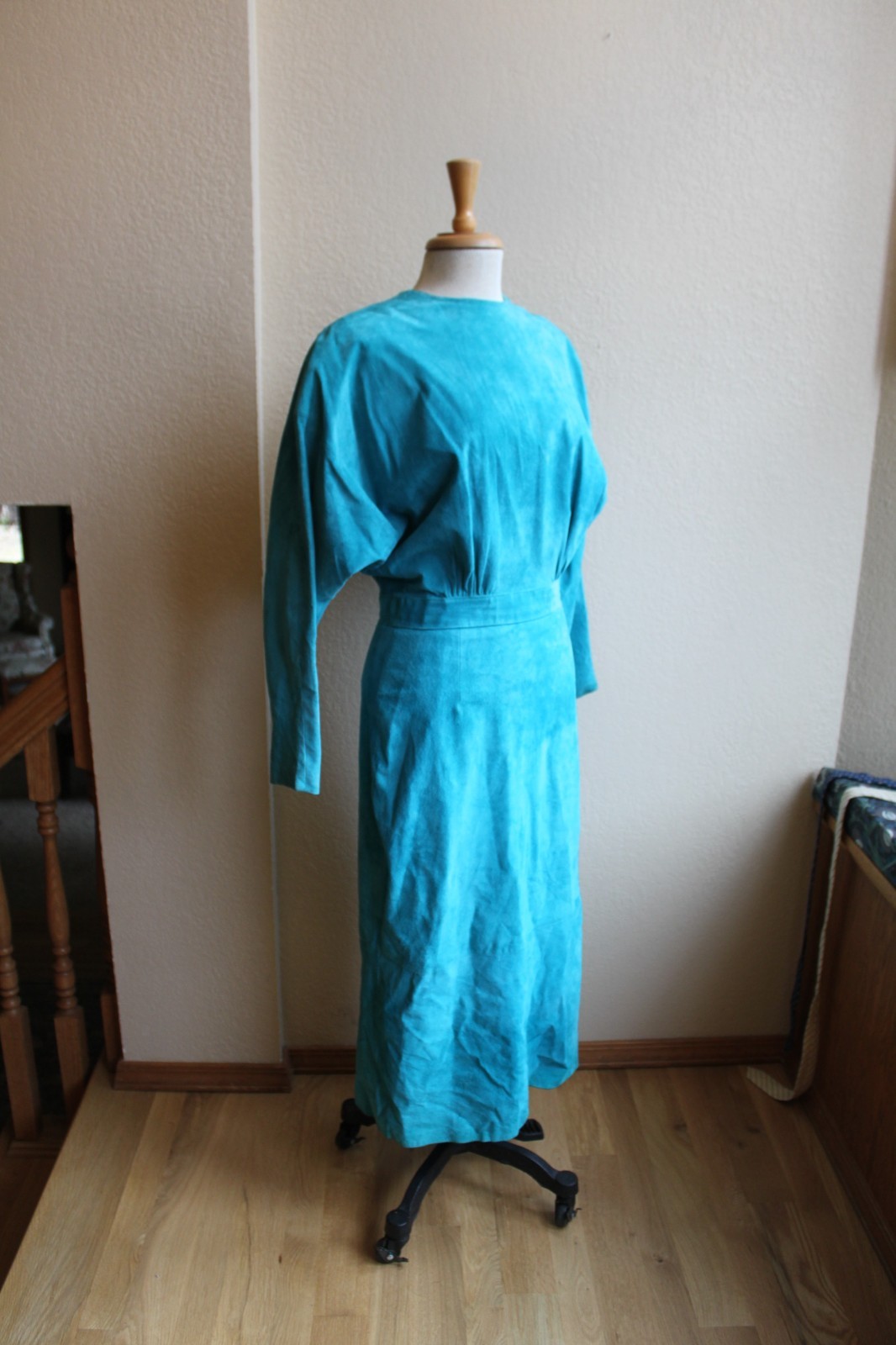 Vintage 80’s Turquoise Suede Leather Fitted Dress From Nordstrom L 28″ waist