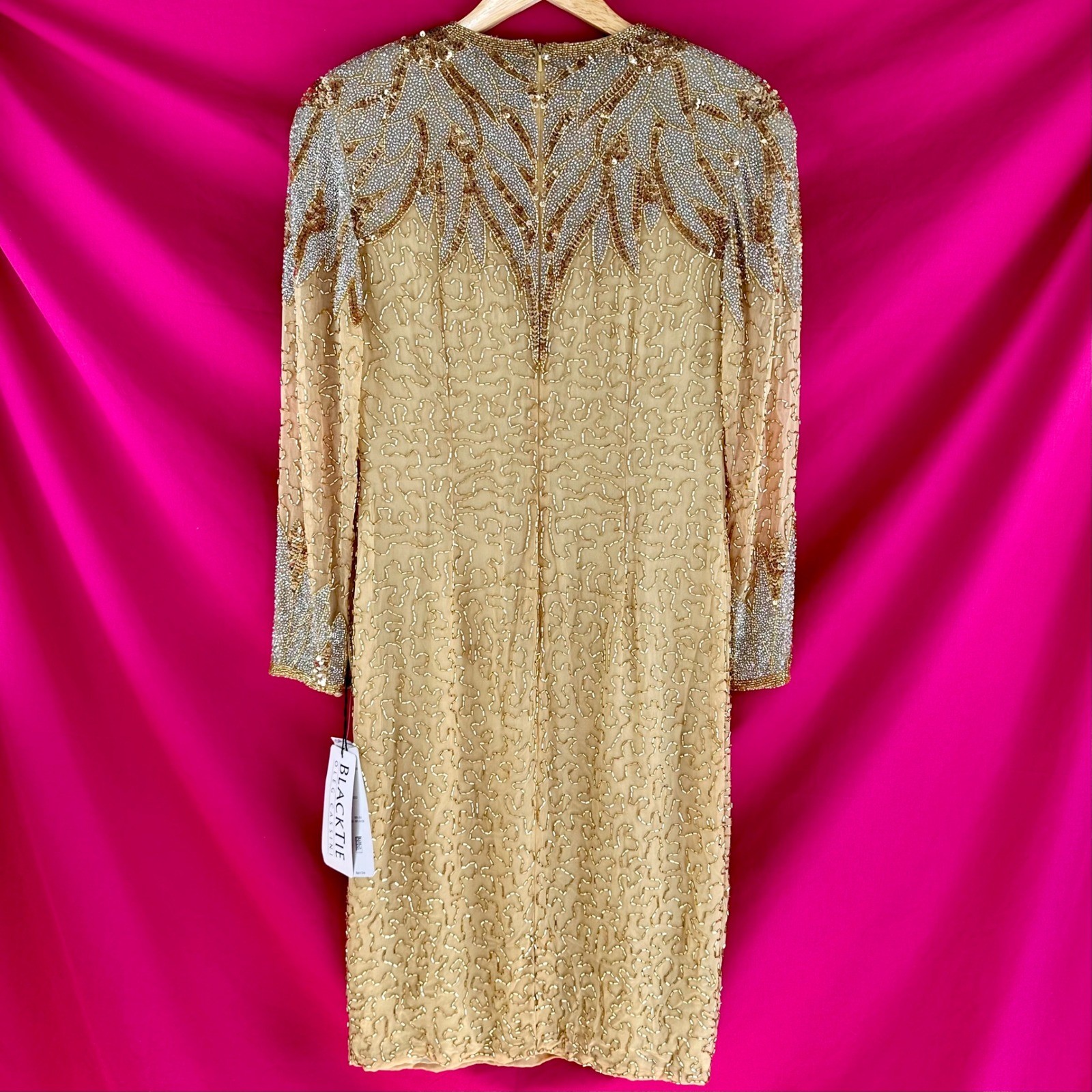 NWT Beaded Sequin Rhinestone Silk Gold Party Midi Dress Oleg Cassini Size 6 NYE