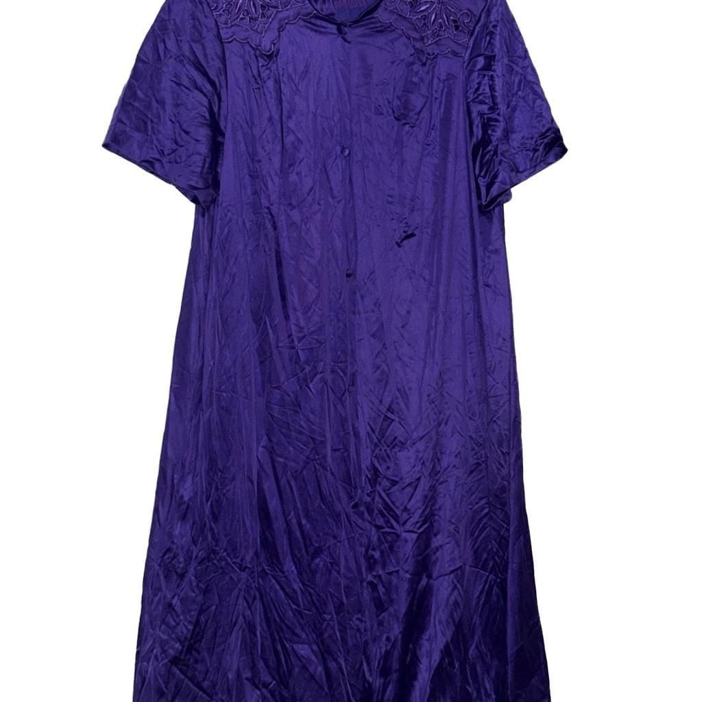 Vintage Vanity Fair Womens Large Purple Satin Nightgown House Coat Robe Button F