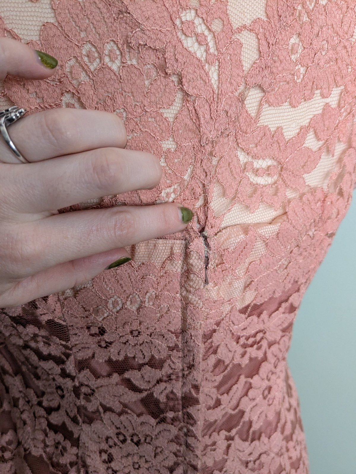 As Is Dusty Pink Lace Overlay Ferman O’Grady Pencil 1950s Vintage Dress