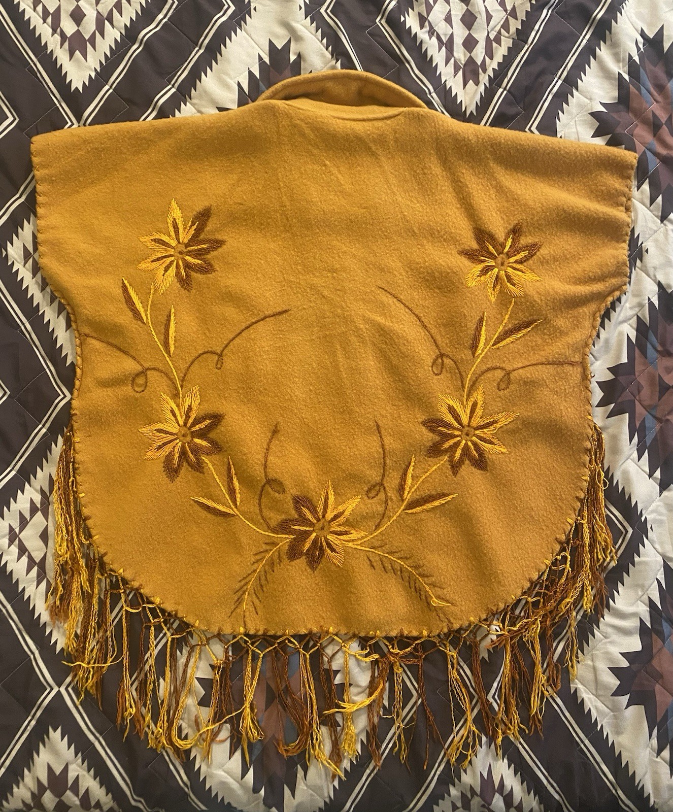 Vintage 60s Fringe Embroidered Wool Poncho Cape Flowers Yellow Women’s OSFM