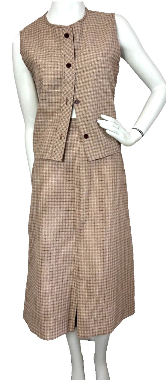 60s-70s Plaid Vest Top Skirt Set Size Small Career Guild Vintage Midi Brown Red