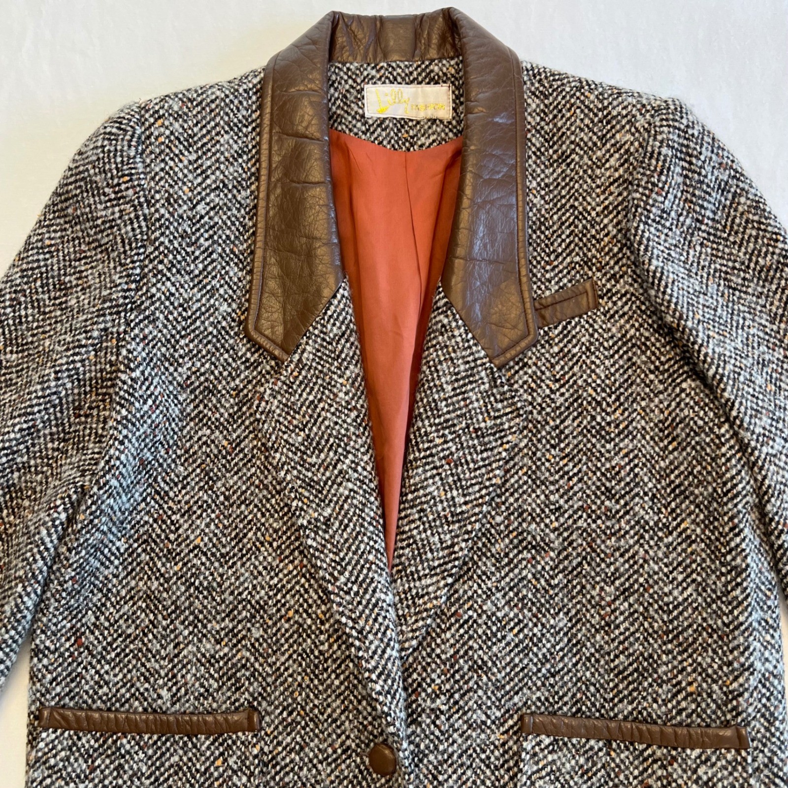 Lilly Fashion Women’s Vintage 80s Tweed Faux Leather Dark Academia Blazer Size M