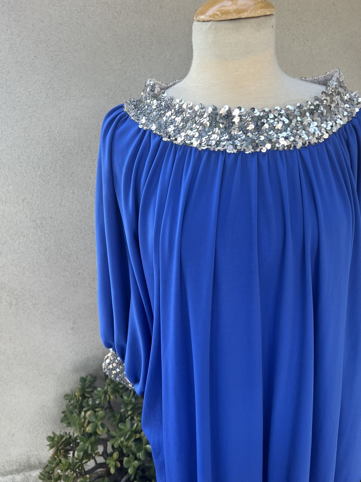 Vtg Evening Kaftan Royal Blue Polyester Sequins Trim OS My Kinda Gal