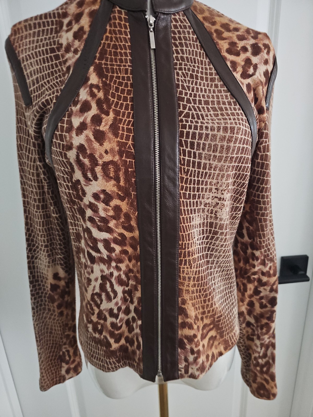 Vtg Y2K Mix Media Snake Leopard Print Mock Neck Faux Leather Panels Zip Sweater