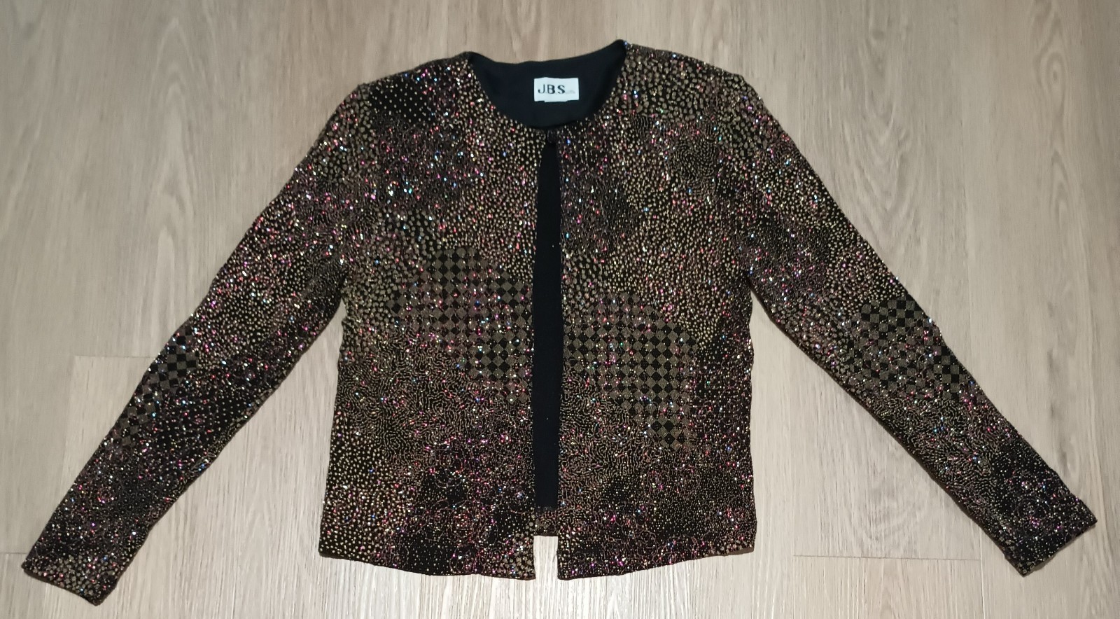 Vtg 80s J.B.S. LTD. Stretchy Metallic Jeweled Sparkly Color Open Front Jacket S