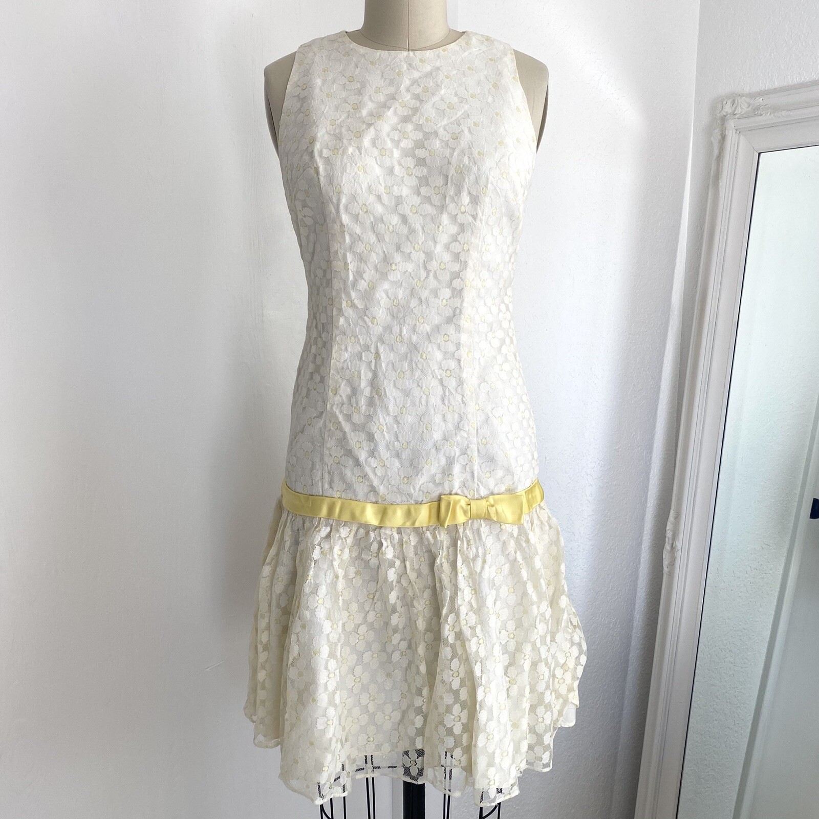 Vintage 60s Daisy Mesh Lace Women’s Dress Floral Sleeveless 4 Small Boho Mod