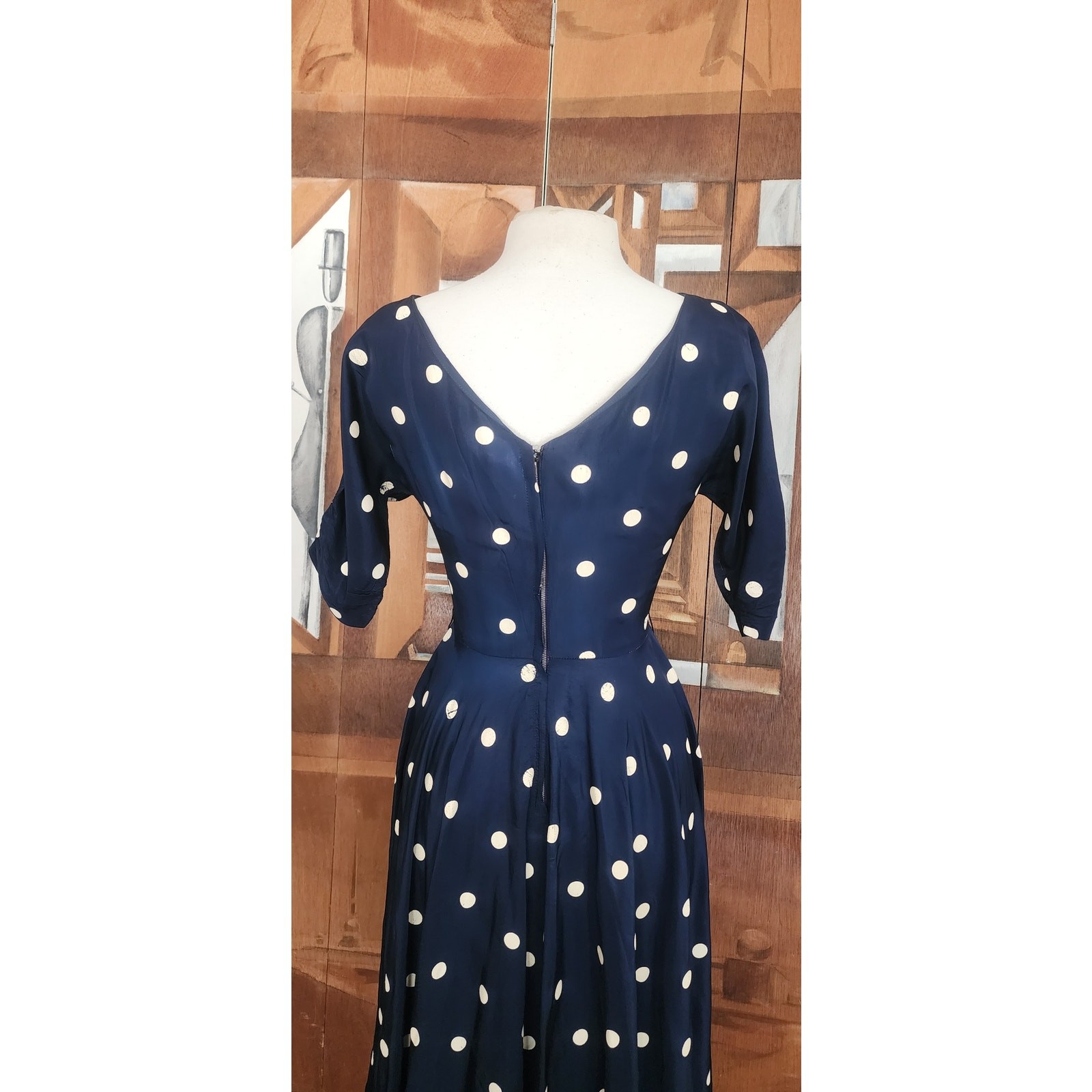Vintage 1950s Lilli Diamond Dress Blue White Polka Dot Print Midi / S