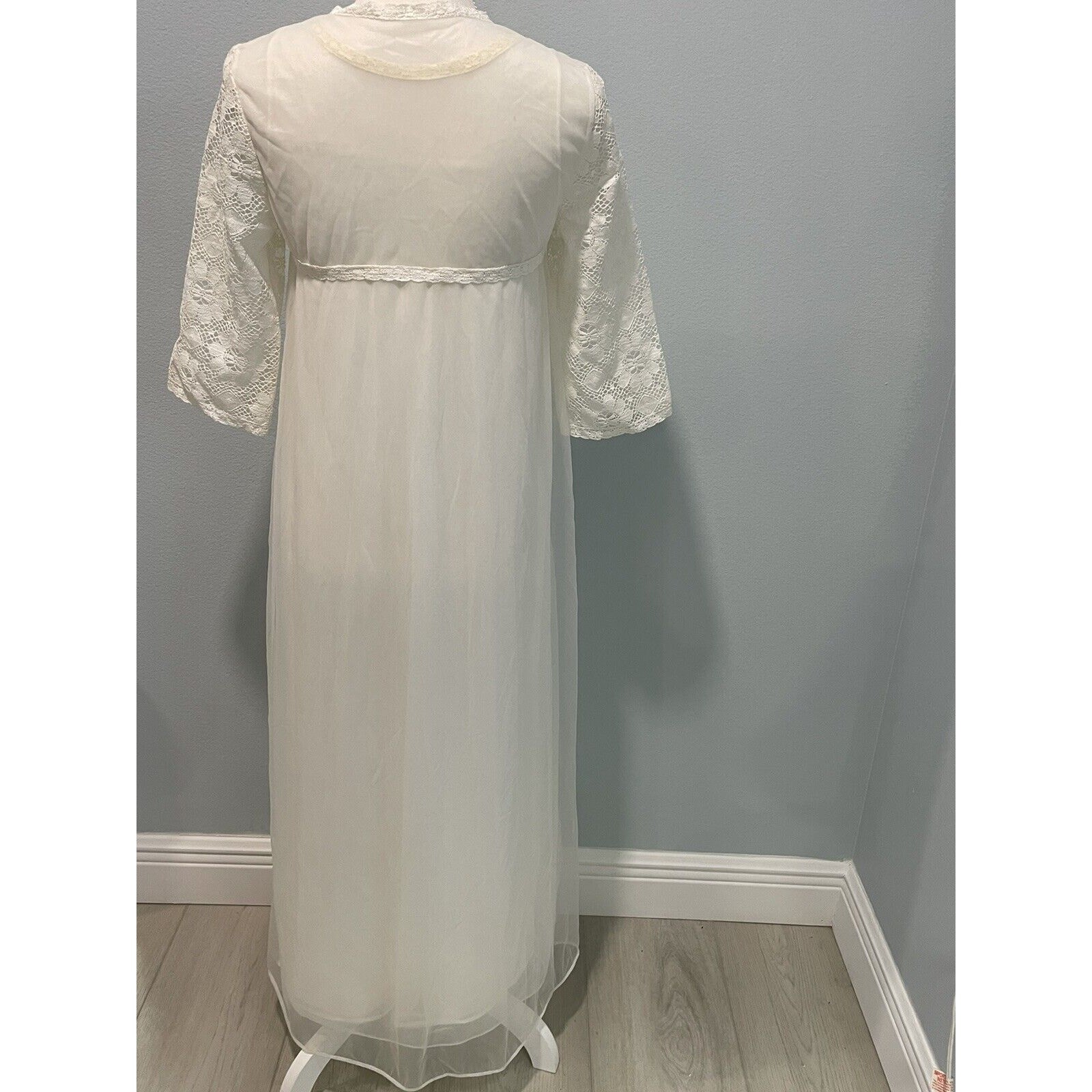 Vintage 1960s Nylon Lace Nightgown Robe Peignoir Set White Sears Roebuck Small