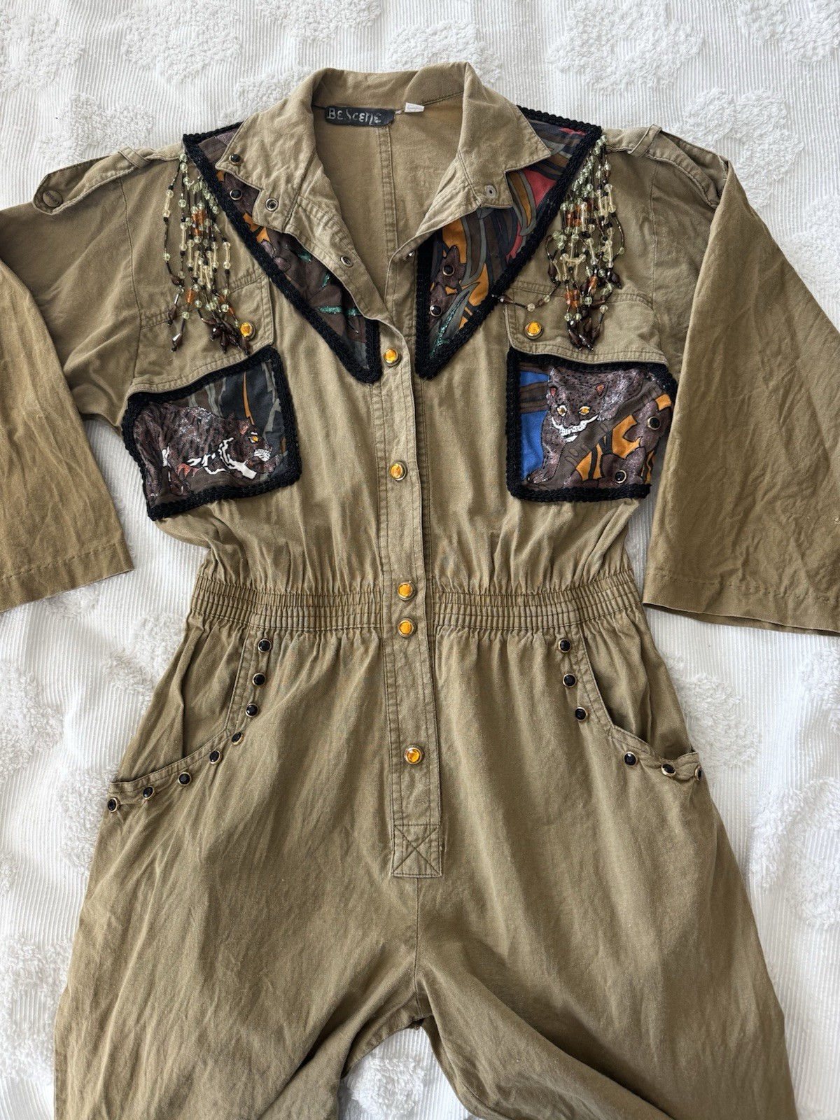 Vintage Jumpsuit Romper Embellished Khaki Beaded Western Tribal Woman’s Small