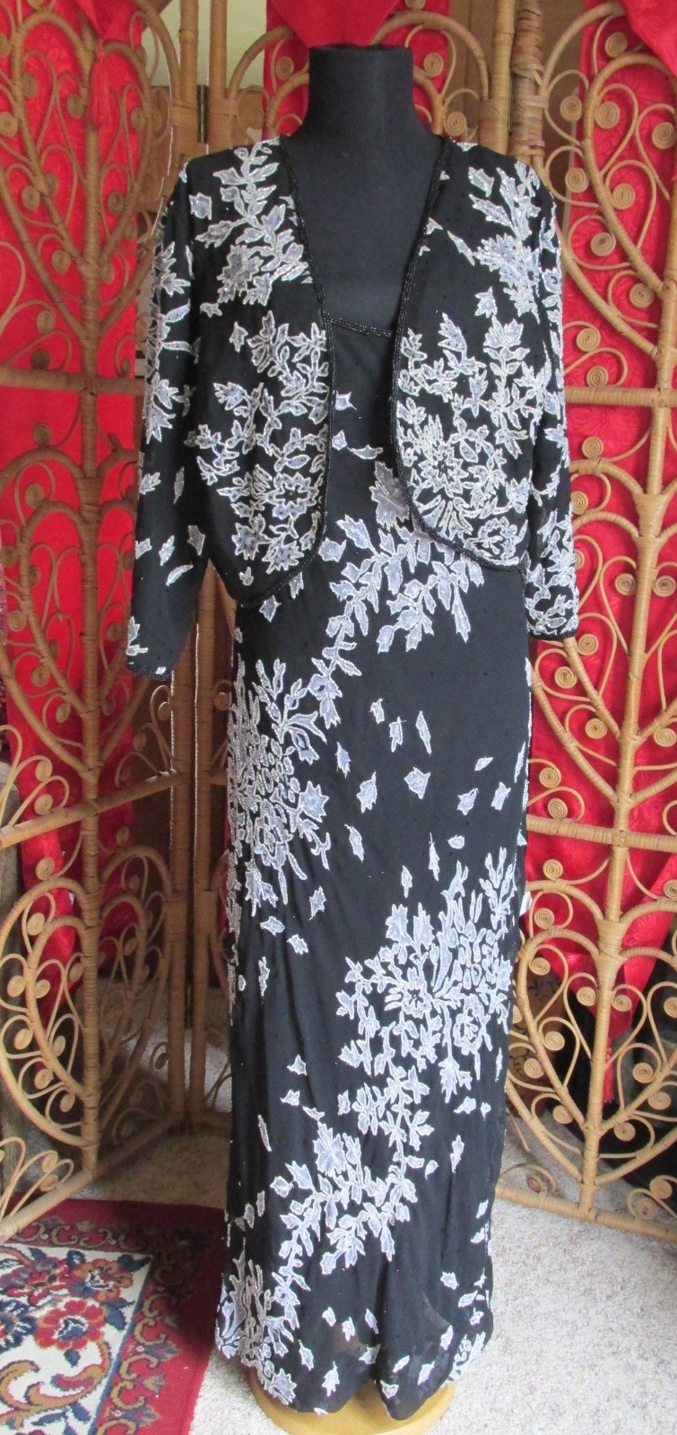 Vintage STENAY Black White Beaded Gown w/ Jacket Sheath Spaghetti Straps SZ 16
