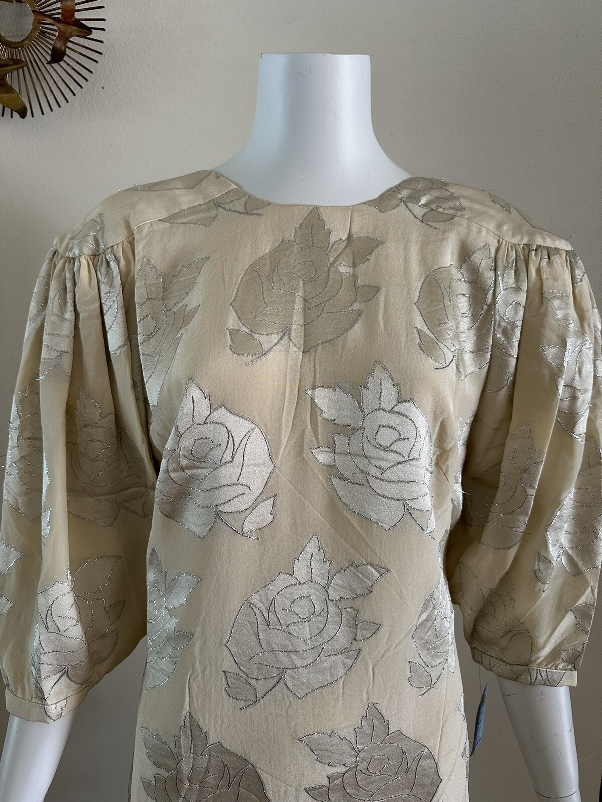 1980s Hanae Mori Silk Dress Metallic Rose Damask Bow Frost Bros VTG