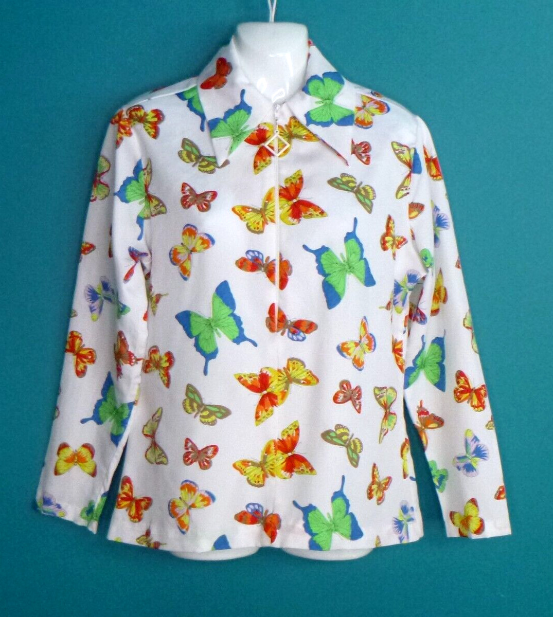 Vtg 70s NPC Fashions Zip Front Woven Poly Shirt Top Colorful Butterflies Sz 34