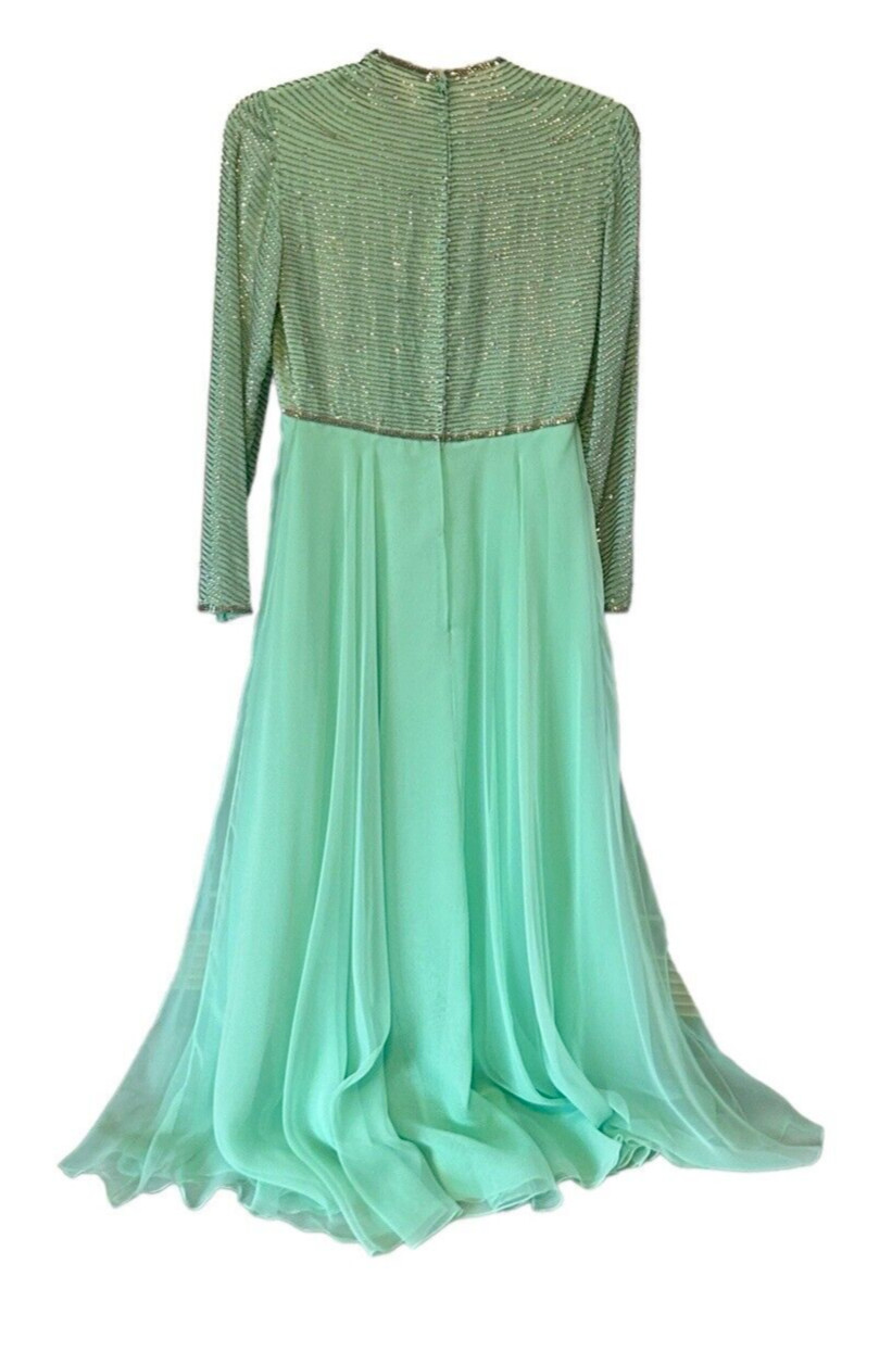 VTG 1960s Victoria Royal Ltd Gown Sz 6 Seafoam Green Beaded Rhinestones Lined