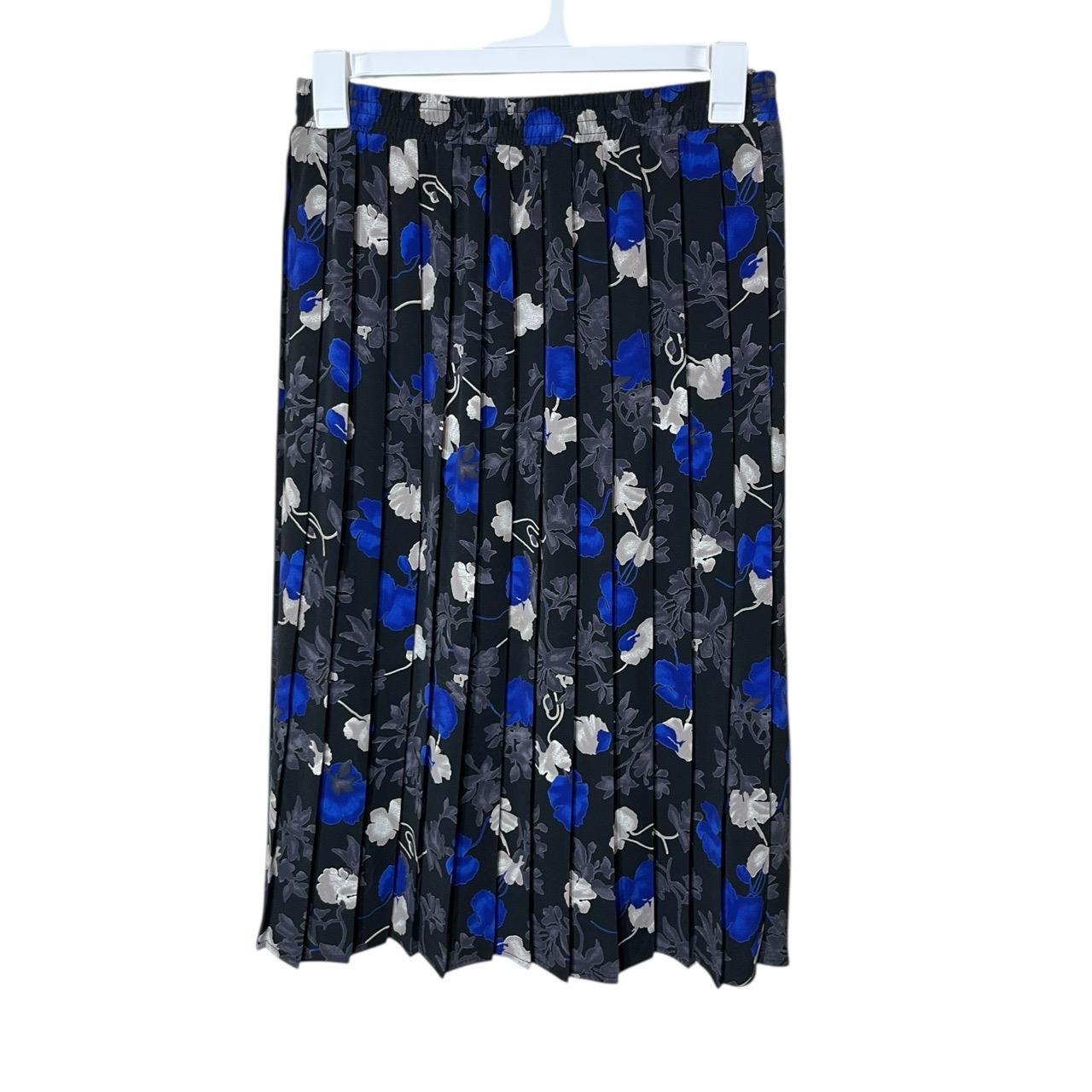 TanJay Black Blue Floral Print Pleated Vintage Midi Skirt Made In Canada Size 12