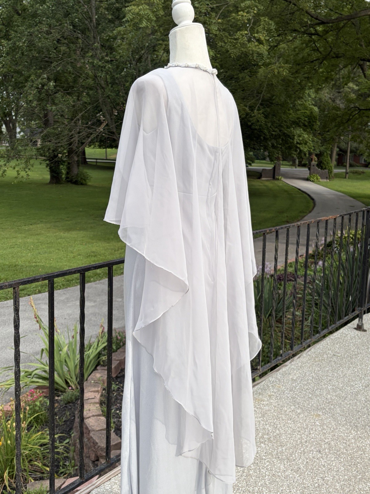 Vintage Emma Domb Silver Gray Chiffon Capelet Maxi Dress 70s 60s Hollywood Glam