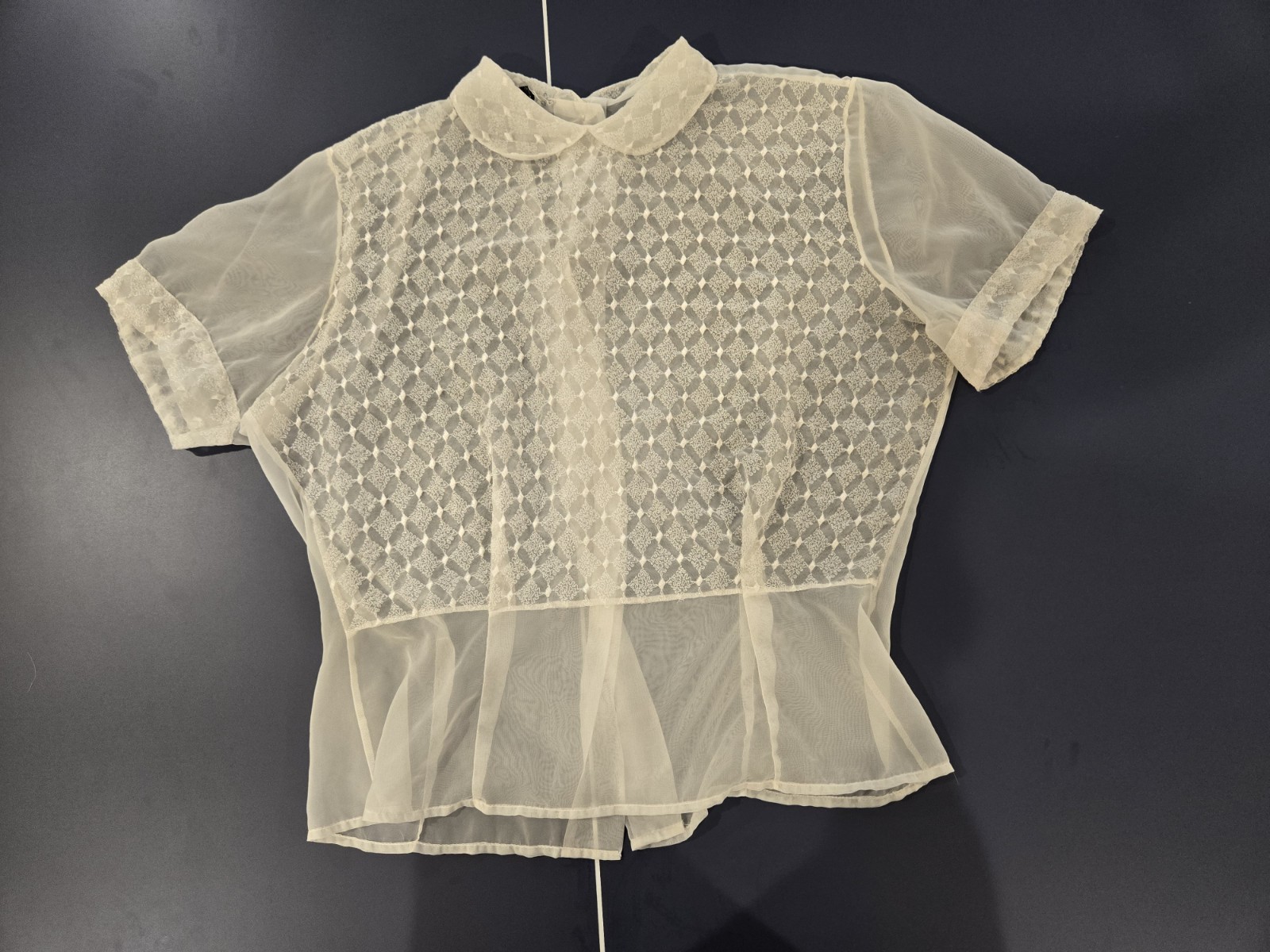 40s VTG Sheer Peter Pan Collar Blouse Sm/Med PinUp Nylon Sweet Kawaii Top Button