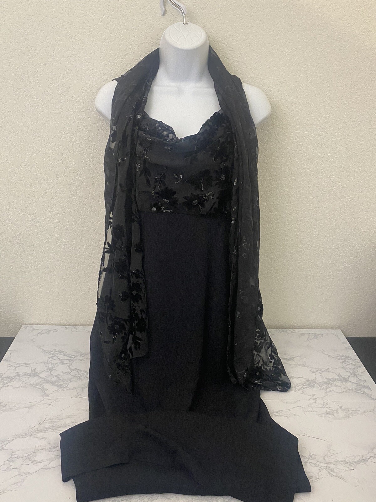 Vtg Virgo II 1980 1990 Black Velvet Evening Dress Sz 8 USA W/ Matching Scarf U1