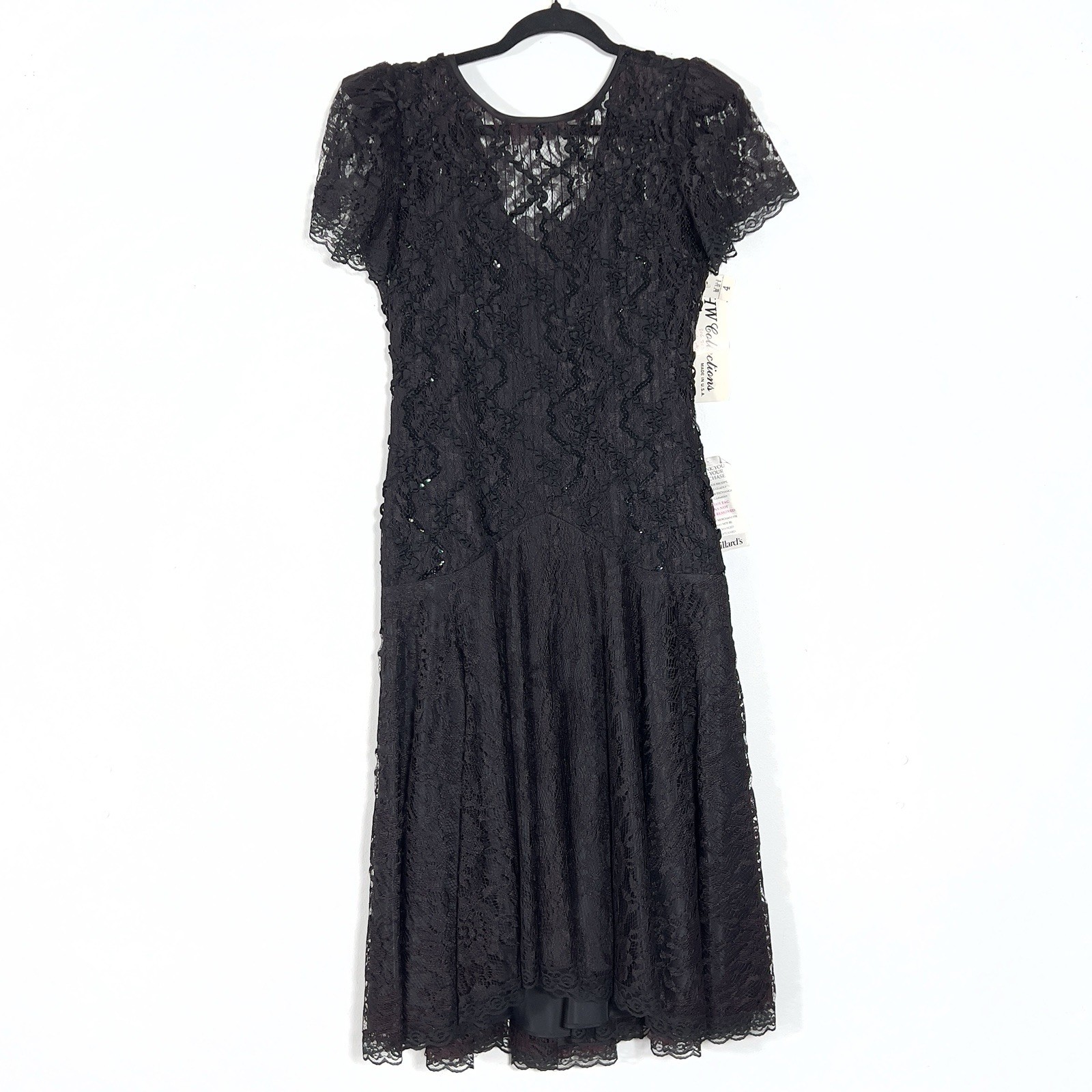 Vtg HW Collections Sequined Lace Overlay Midi Dress Sz S/XS Black Scoop Back
