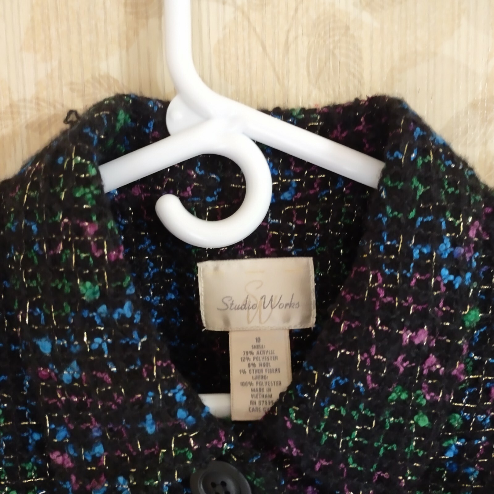 Studio Works Colorful Tweed Blazer Jacket Shoulder Pads Size 10 Black Metallic