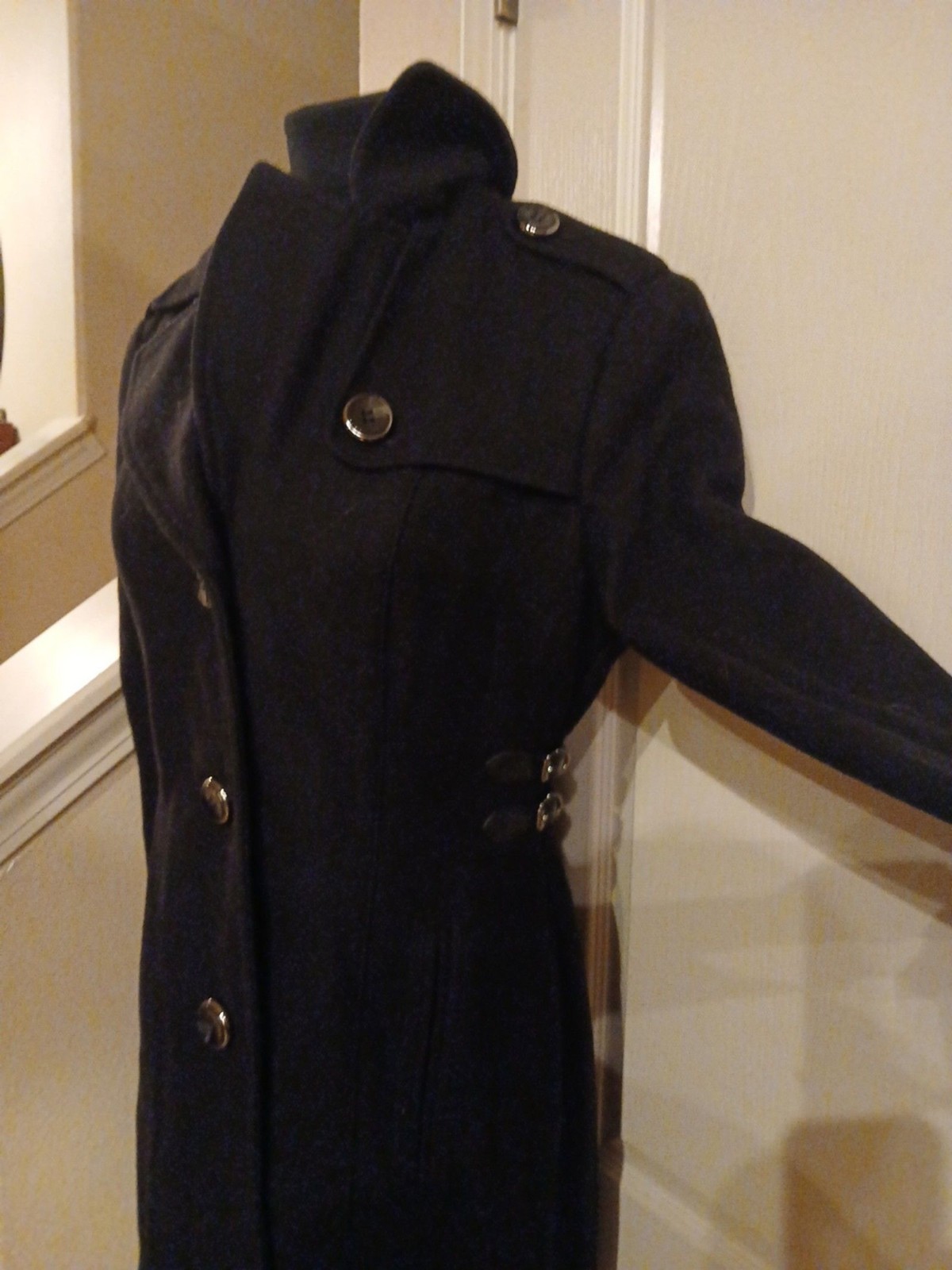 Vintage Kenneth Cole black wool blend mid length walker Pea coat side buckles 6