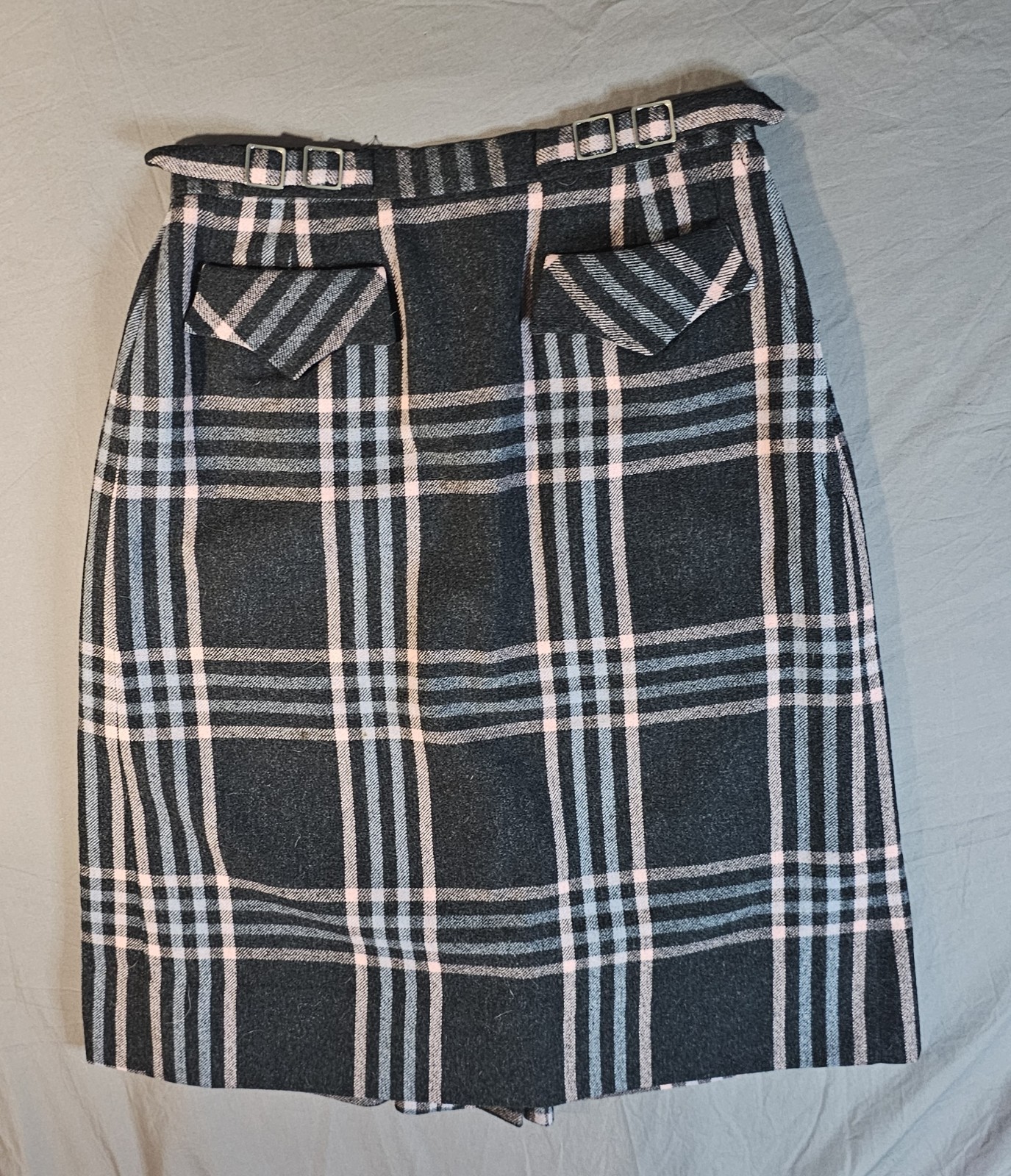 Dereta London 1960s, Pencil Skirt Size 14, Grey W Blue And Pink.plaid VINTAGE.