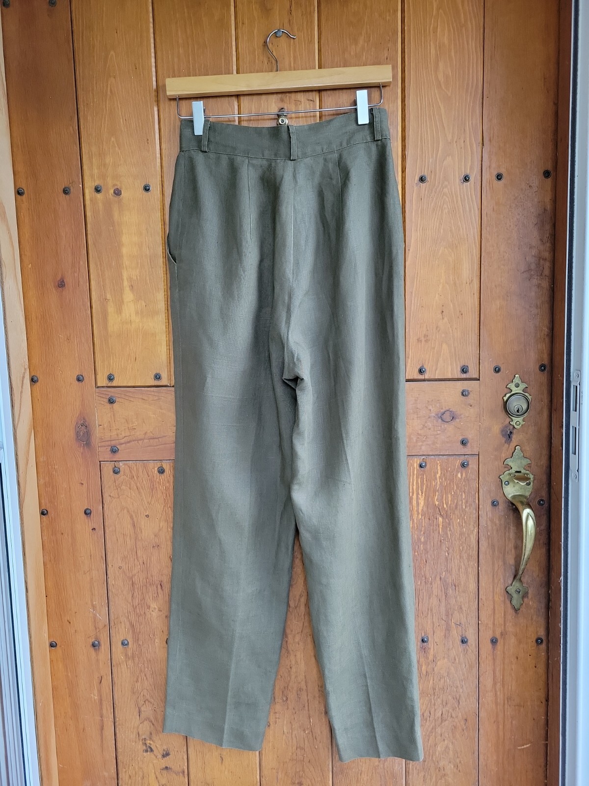Vintag Lauren Alexandra Sz 8 Olive 100% Linen High Rise Pleated Tapered Trouser