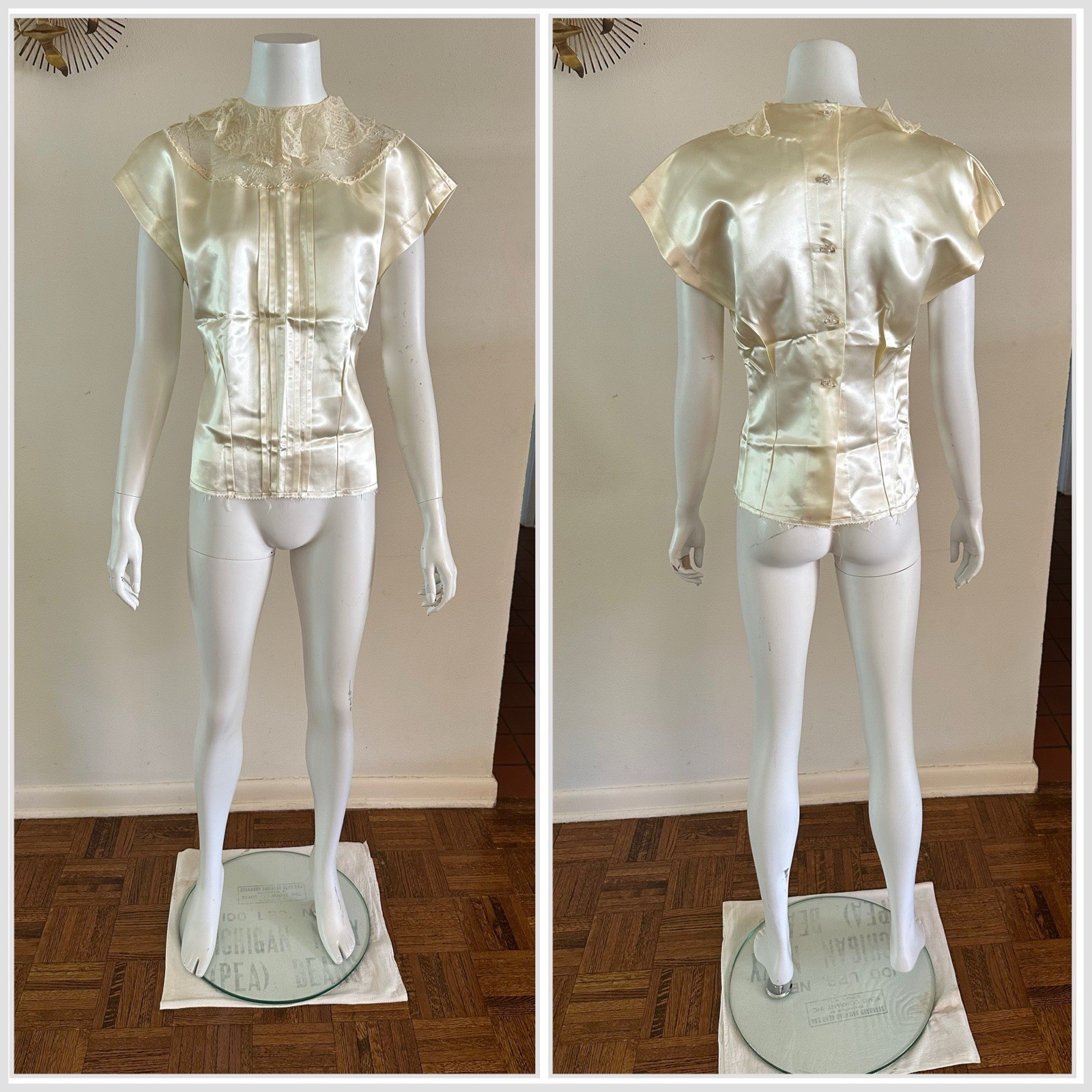 1940s Liquid Satin Lace Ruffle Collar Beaded Blouse Back Button Top VTG