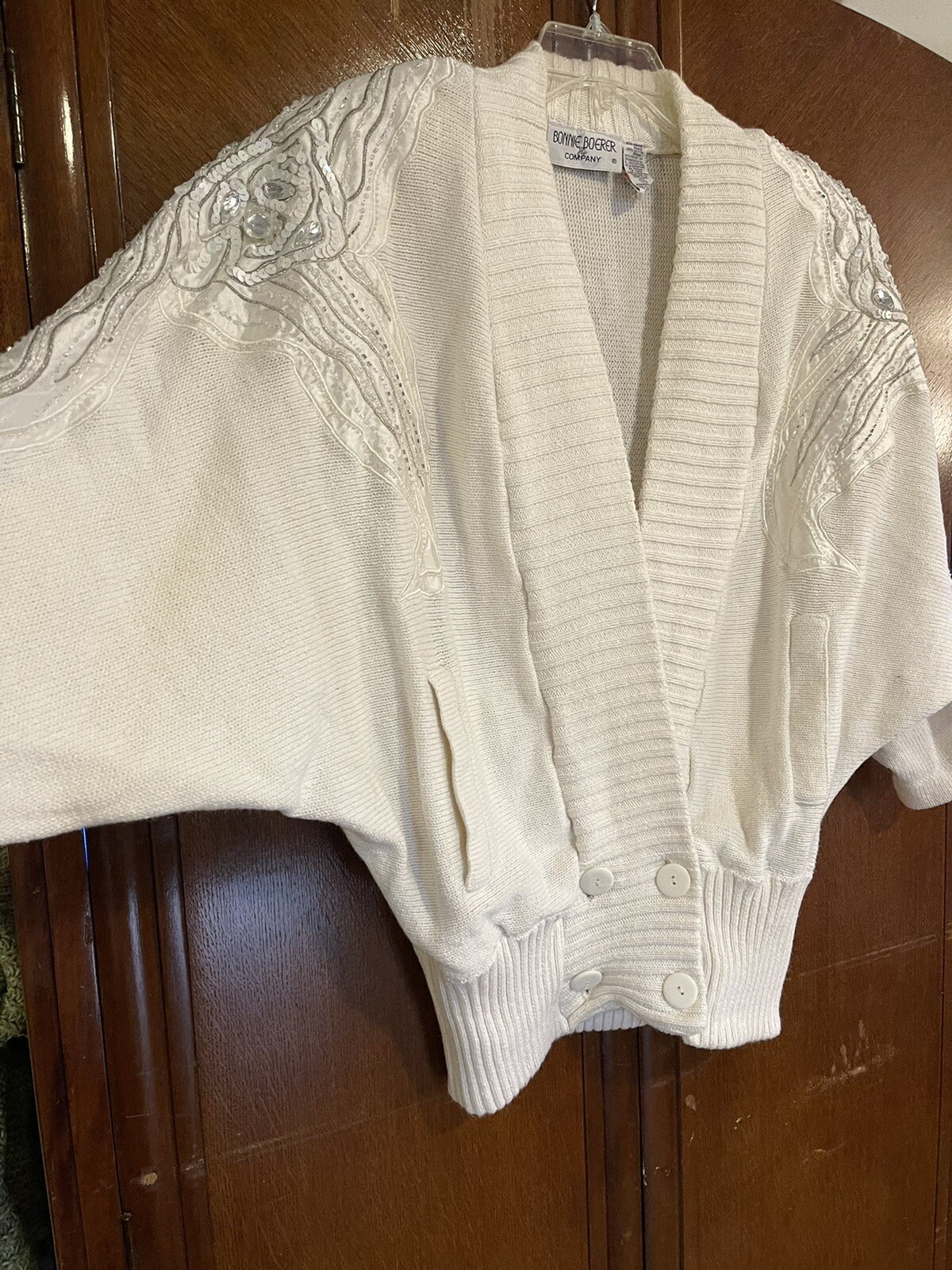 80s 90s Bonnie Boerer Beaded Cardigan Sweater Small Ivory Silver Sequins Chunky