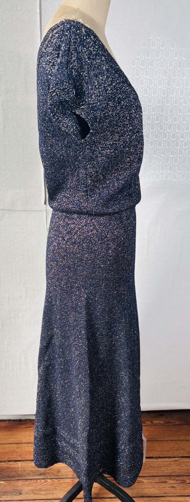 VTG 50’S HAND KNIT FULL CIRCLE SKIRT CROCHET DRESS BLUE&METALLIC GOLD DRESS*S/M