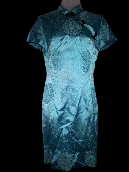 Vintage 60’s Turquoise Satin Floral Brocade Cheongsam Wiggle Hostess Dress S