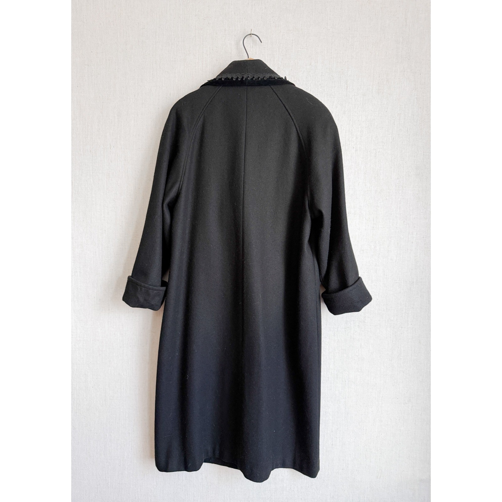 Vintage Jofeld Black Wool Long Coat Velvet Soutache Trim Shawl Collar USA Made