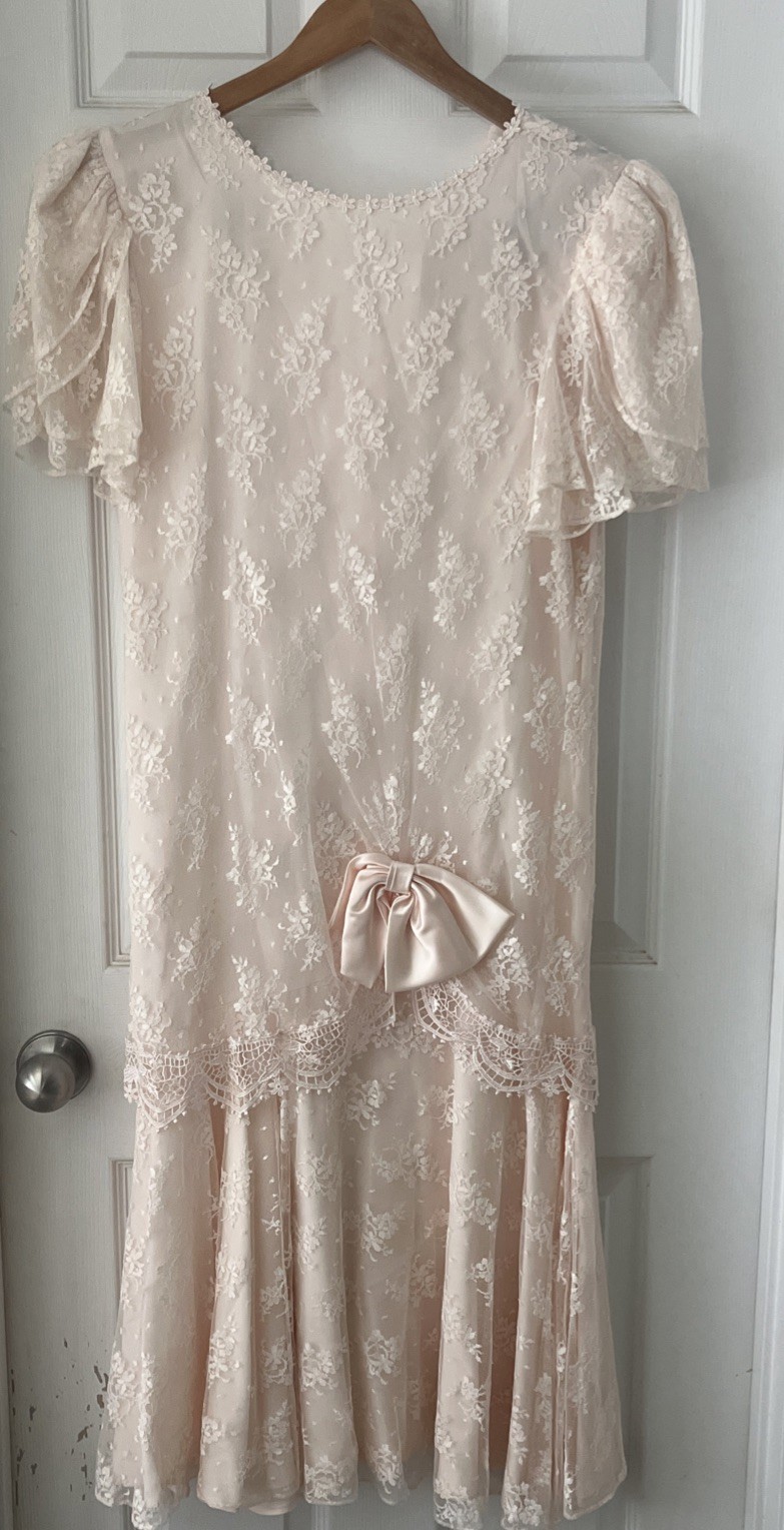 Vtg Womens Barbara Chodos Dress Blush Pink Lace Drop Waist Downton Abbey Tea