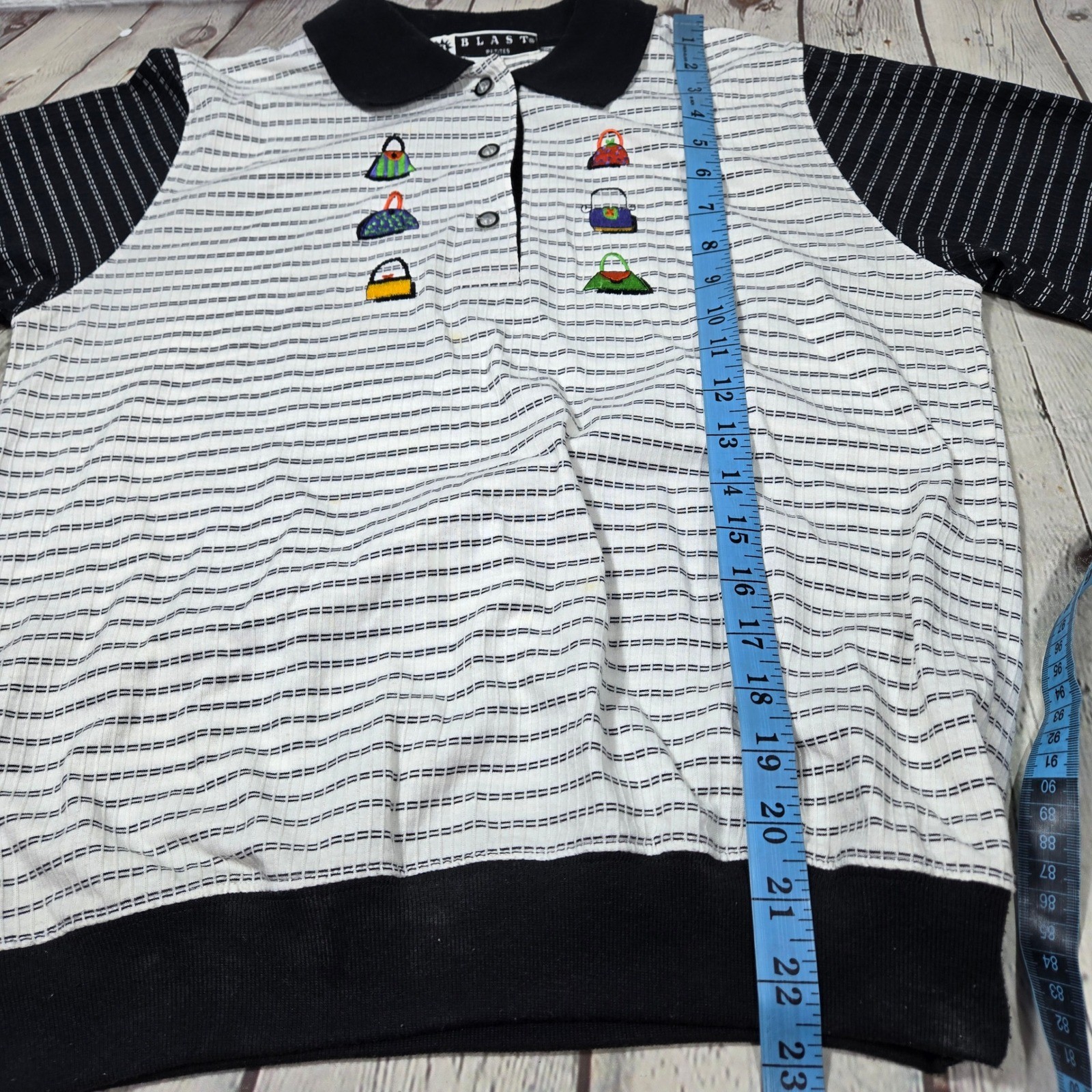 Blast Petites Vintage 90s Striped Polo Shirt Purse Embroidery Black White P