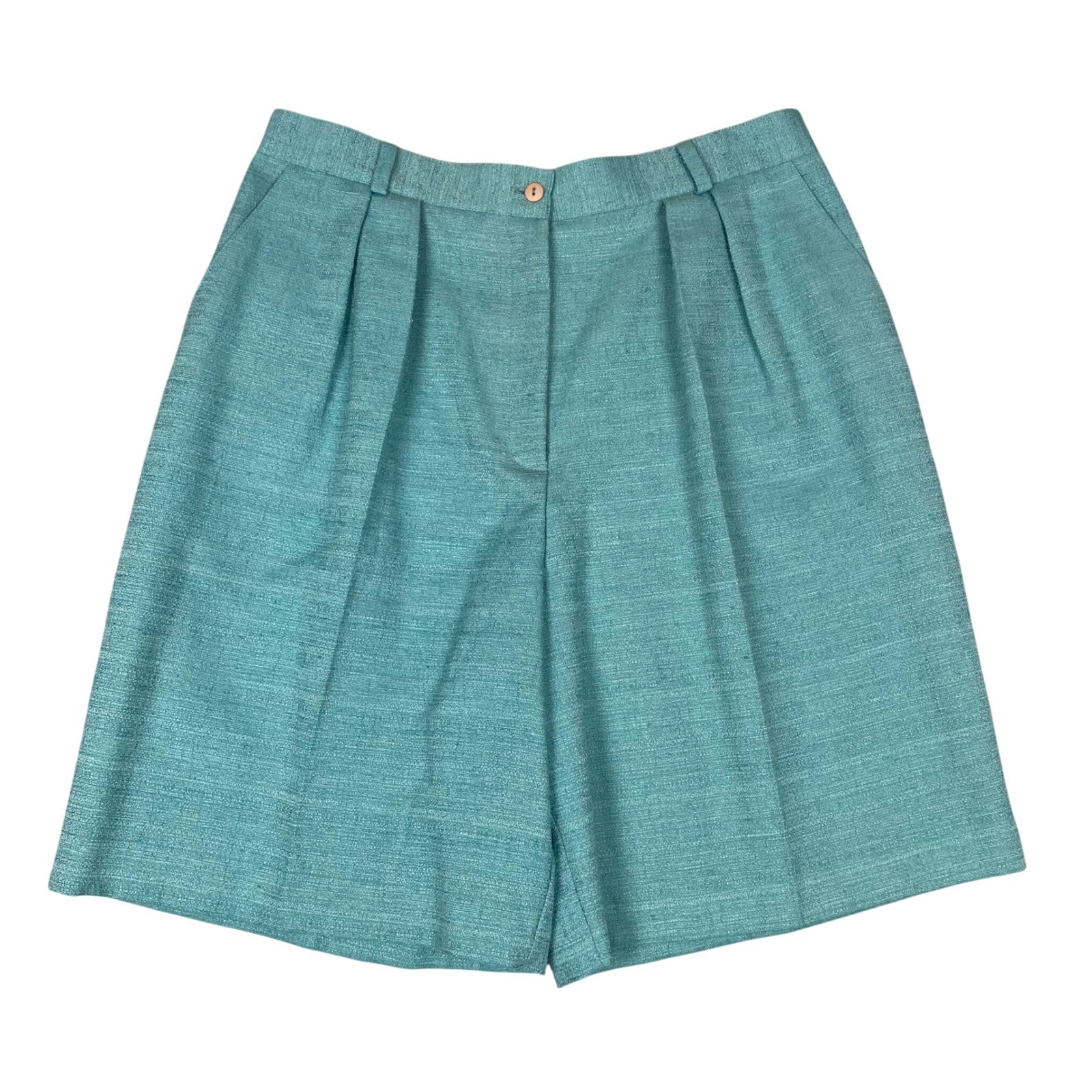 Claude Vintage Pleated High Waisted Cotton Linen Shorts Womens 18 Teal Blue