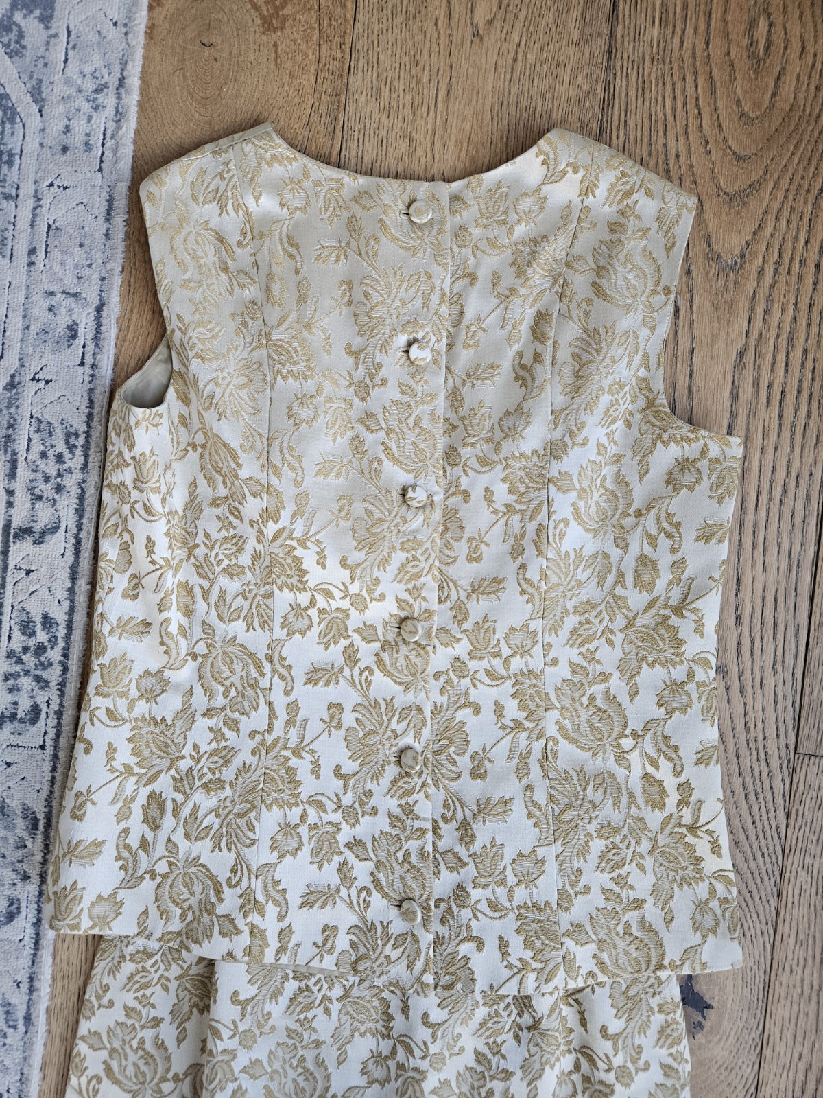 Vintage ILGWU Brocade Floral Jacket Top & Skirt Suit Beige Gold 1960s