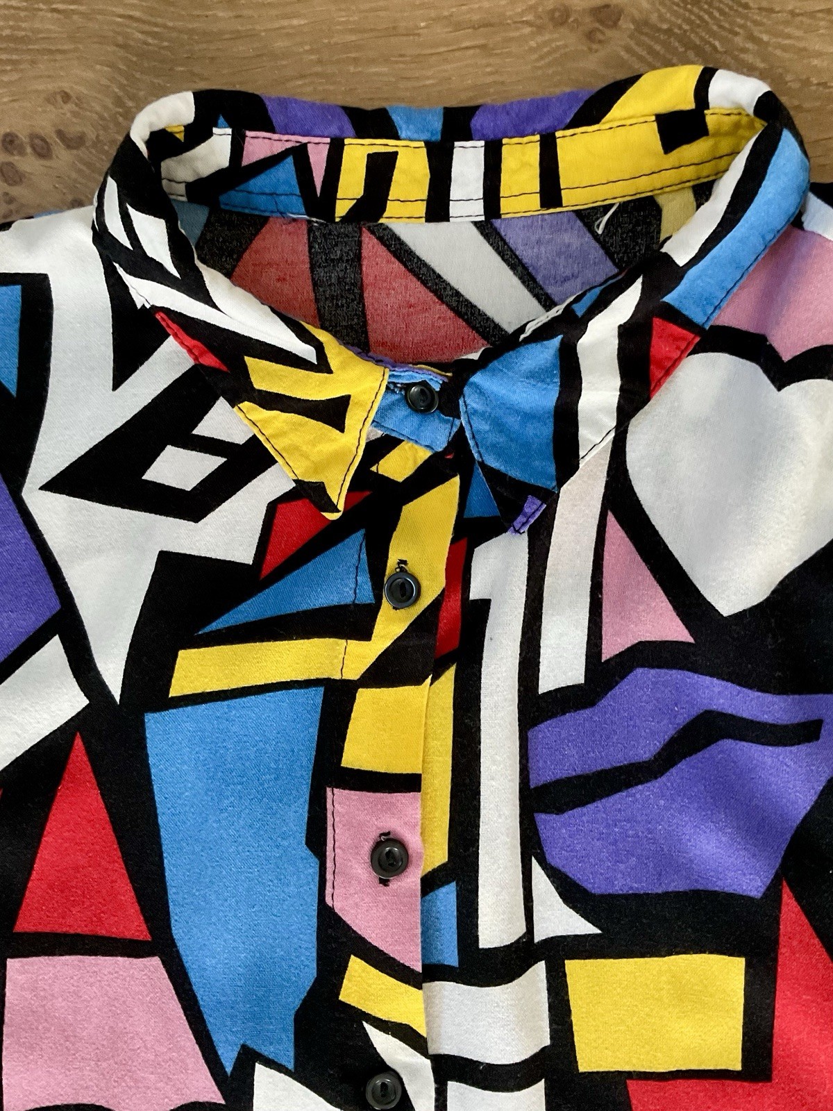 80s Pop Art VTG Button Down Shirt Wm L (*est*) Geometric Heart Print Long Sleeve