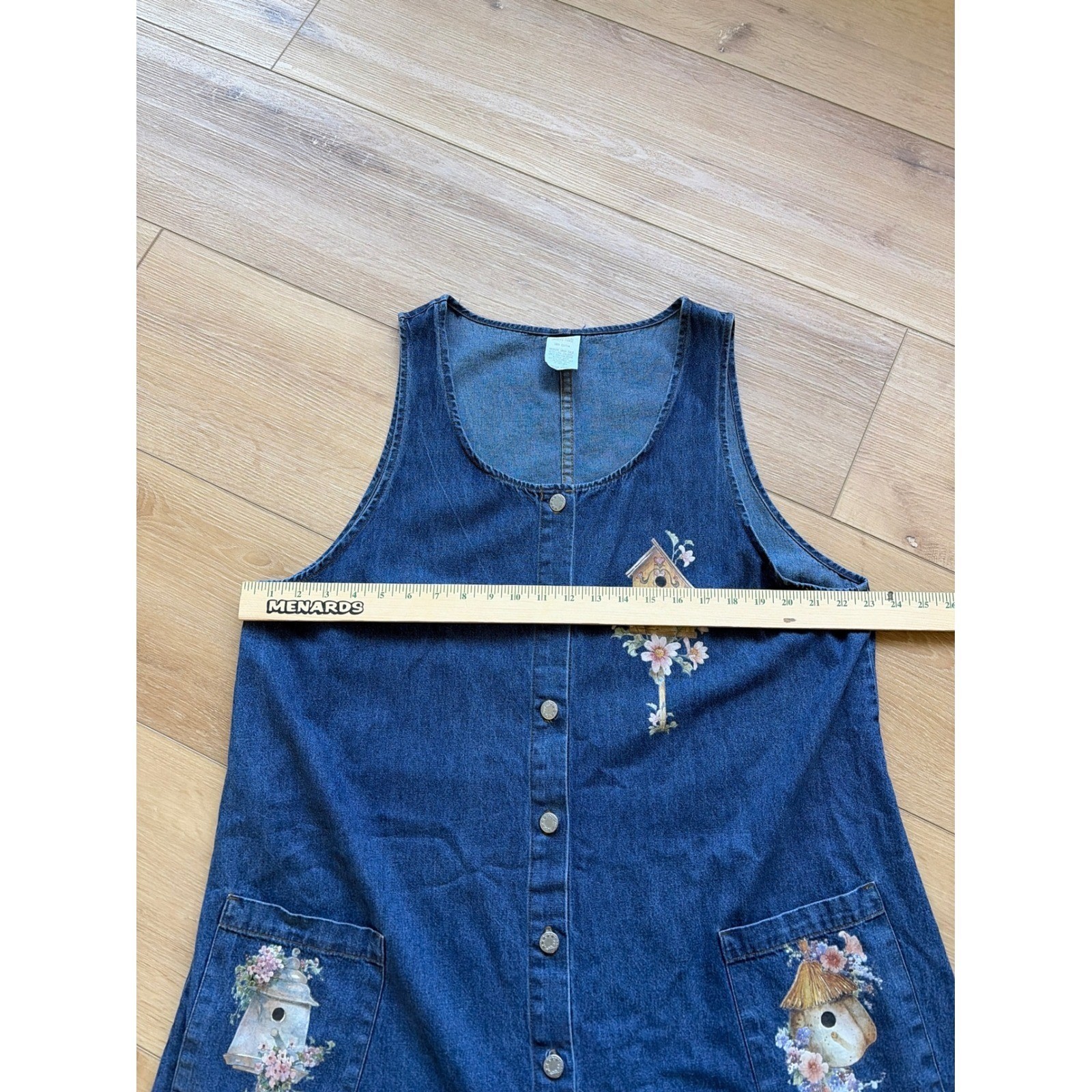 Vintage Denim Birdhouse Floral Jumper Dress Blue Button Front Cotton USA read