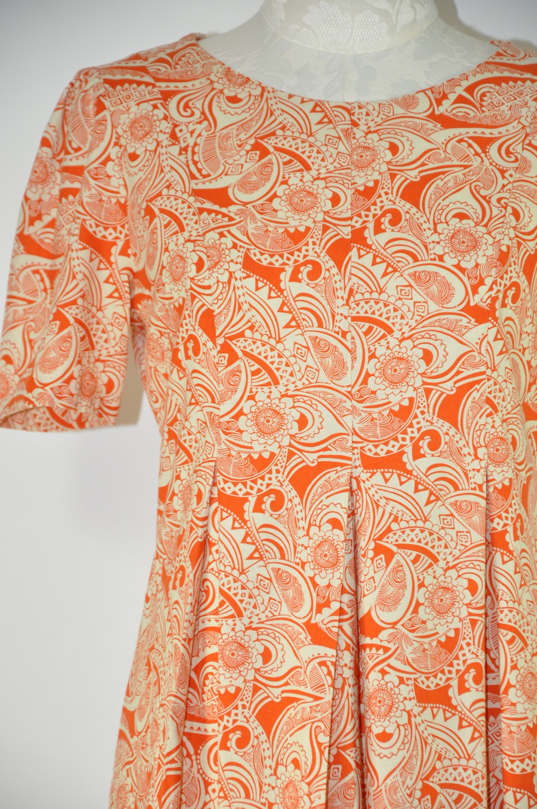 60s Vintage Orange Cream Cotton Floral Pleated Full Skirt Midi Day Dress Women S