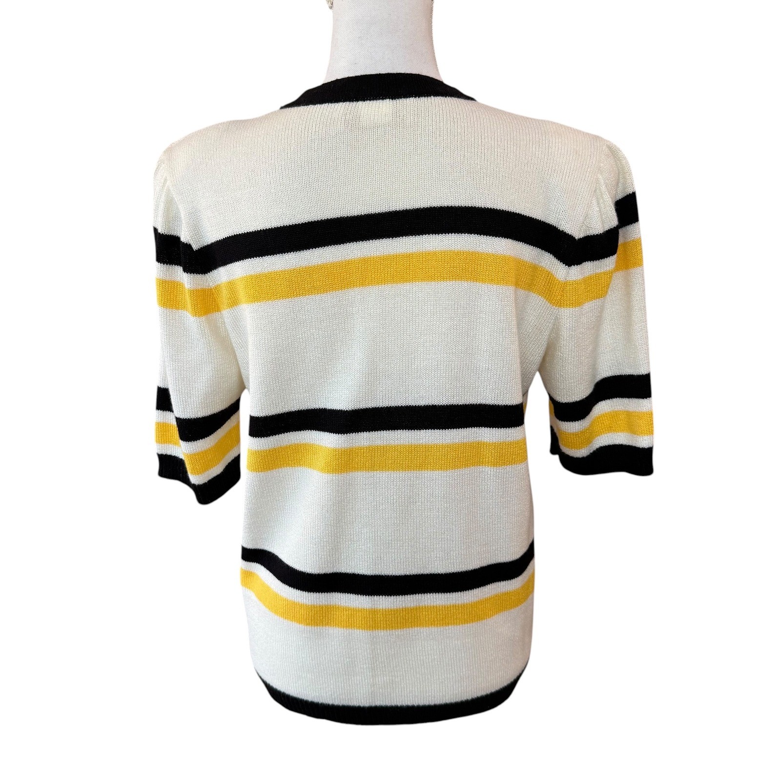 Vivanti Vintage Striped Short Sleeve Cardigan Sweater White Black Yellow Size 14