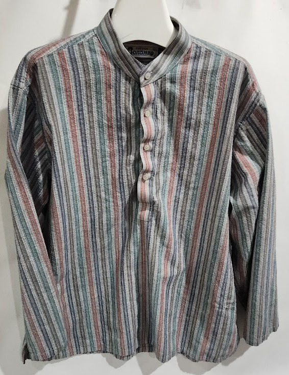 Vtg Bonanza COTTON STRIPE SHIRT Long Sleeve Top Tunic pocket MANDARIN COLLAR XL