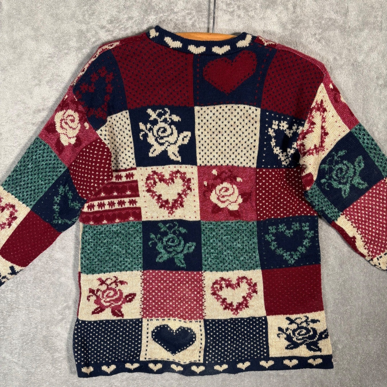 Classic Elements Vintage 90s Patchwork Heart Rose Knit Sweater Petite Large USA