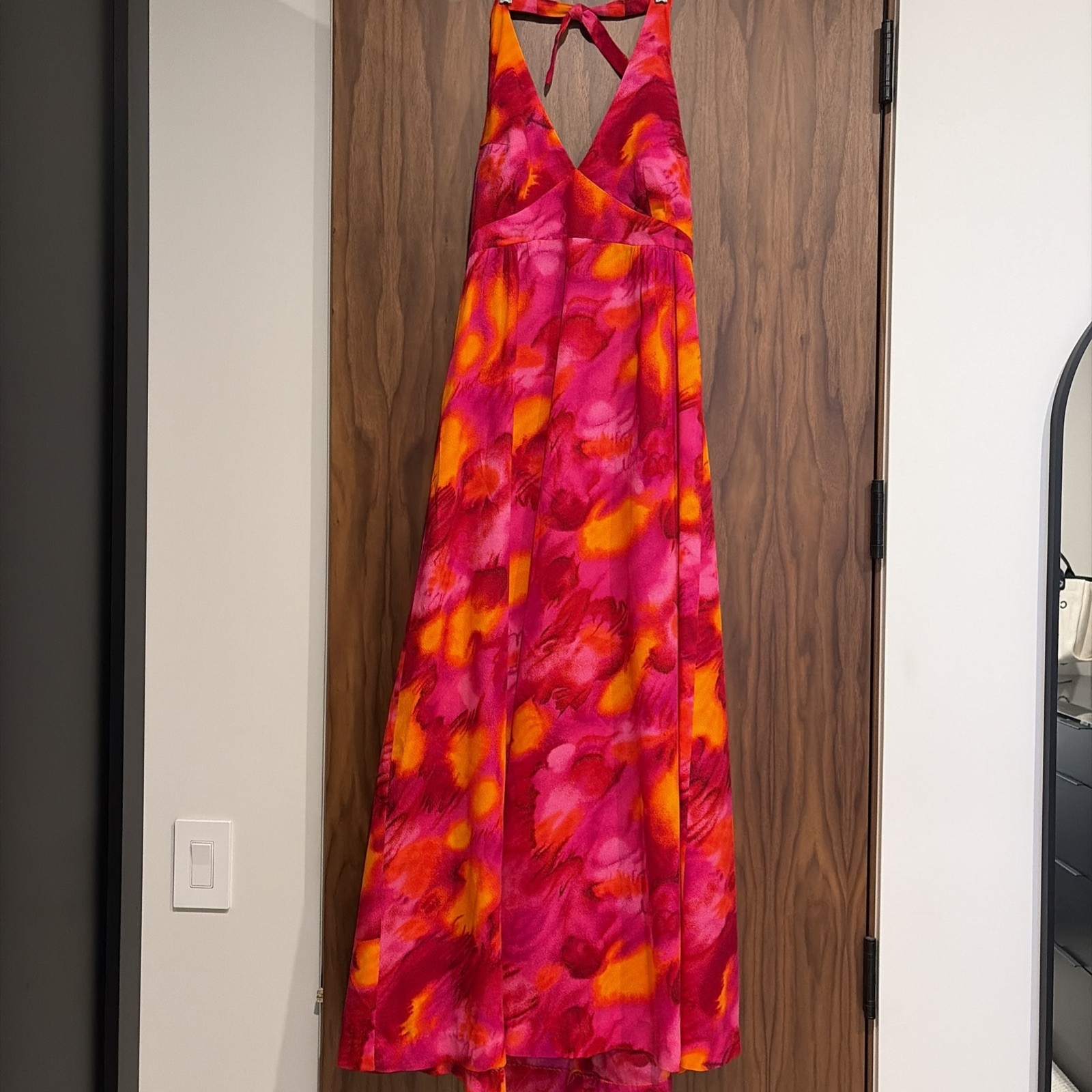 Vintage 70’s Hawaiian Halter Maxi Dress Hot Pink/Orange Tiki Polynesian Size Med