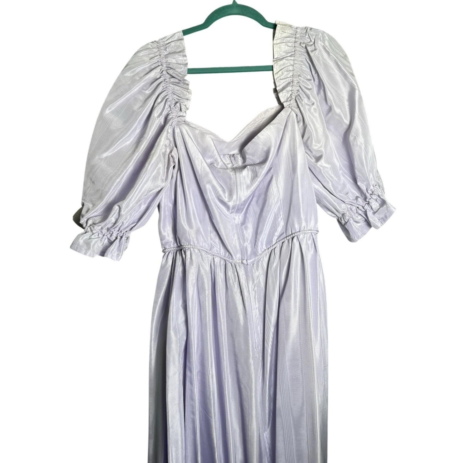 Vintage 70s Lavender Purple Fairy Princess Maxi Long Dress Satin Puff Sleeve MED