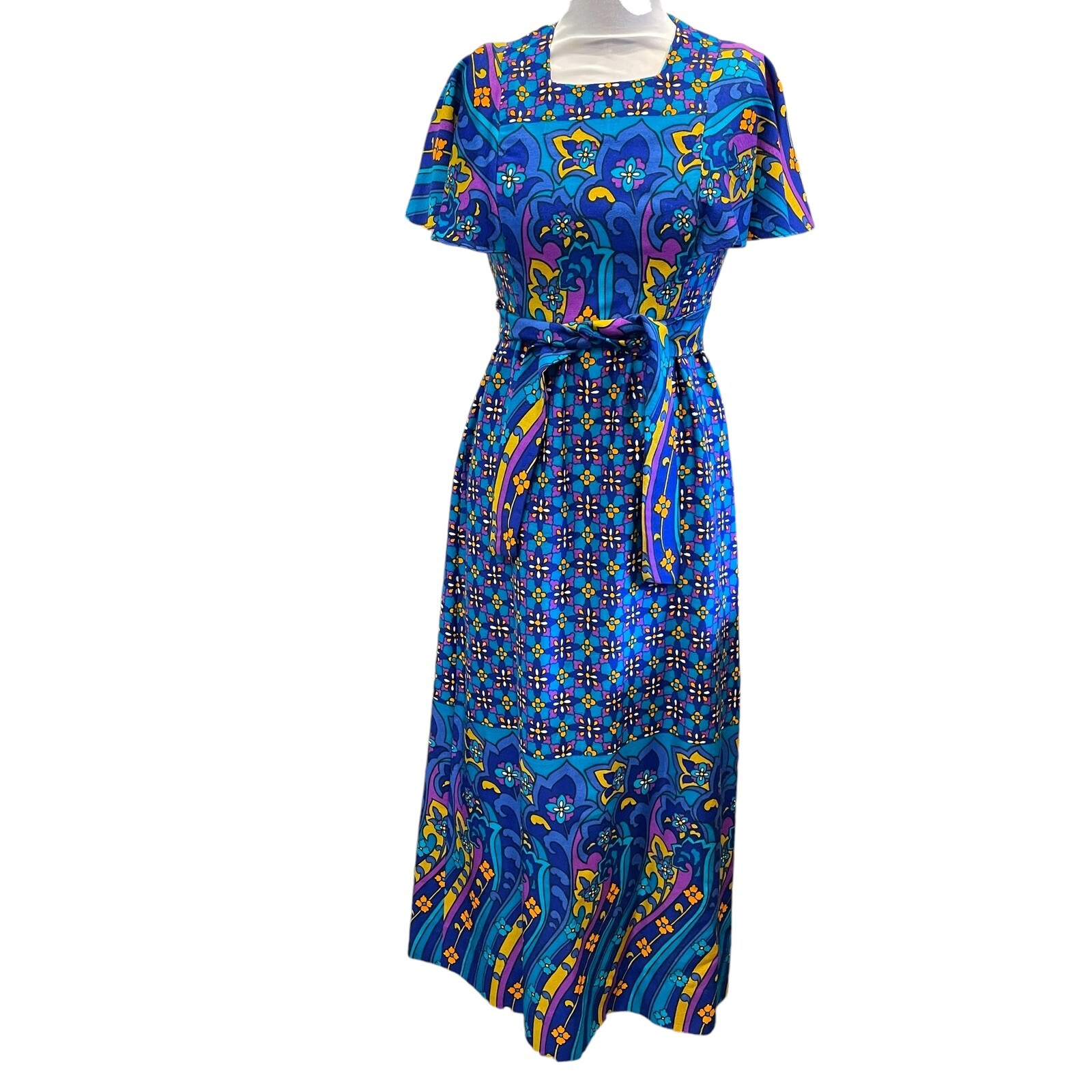 VTG Mildreds of Hawaii 60s 70s Floral Mod Vibrant Maxi Belt Dress Blue Gold Sz 6